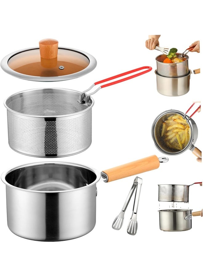 HQ-GAMING Deep Fryer Pot Stainless Steel Frying Pan with Strainer Basket and Handle Oil Strainer Pot with Clip Food Cooking Pot With Lid Deep Fry Pan for Home Use Stovetop Fryer for Frying Fish Shrimp Chicken and Fries - Image 1